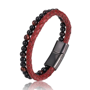 Men's double-layer leather cord and tiger eye stone bracelet with magnetic steel clasp