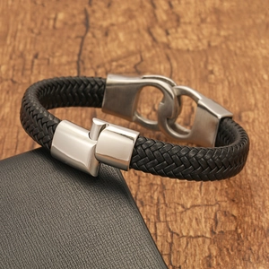 Men's punk leather bracelet with stainless steel interlocking loops and mechanical clasp