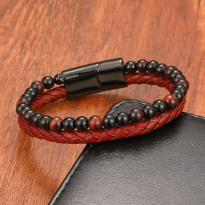 Men's double-layer bracelet with tiger eye beads, red woven leather cord and magnetic clasp