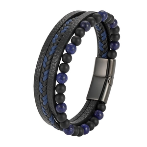 Bracelet multicouche pour homme en cuir avec pierre volcanique et fermoir magnétique