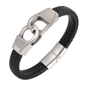 Men's punk leather bracelet featuring stainless steel handcuff clasp on white background