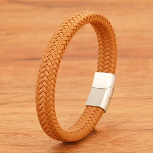 Handwoven 16-strand ginger leather bracelet with a silver magnetic metal clasp for men