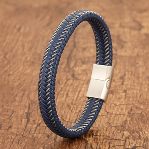 Pulsera trenzada de cuero azul marino para hombre con hilo de acero y cierre magnético