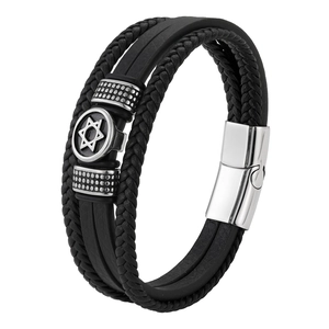 Men Vintage Multi-layer Braided Genuine Leather Titanium Steel Bracelet With Star Of David Hexagram Magnetic Clasp Jewelry