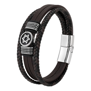 Multilayer Star of David leather bracelet with polished magnetic stainless steel clasp
