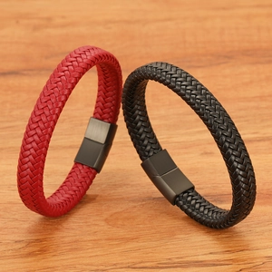 Detail showing the red and black woven leather texture with matte magnetic clasp for men