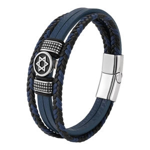 Star of David multilayer leather bracelet with magnetic stainless steel clasp for men