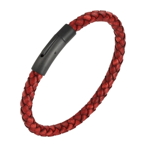 Gevlochten rode leren herenarmband met een zwarte matte magnetische gesp en sluiting