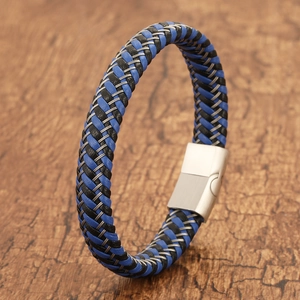 Pulsera de cuero trenzado azul y negro con hilo de acero y cierre de acero inoxidable