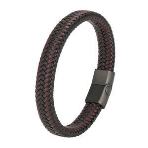 Men's double-tone braided leather bracelet with black matte magnetic metal clasp