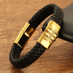 Bracelet pour homme en cuir tressé noir avec fermoir doré au symbole du dollar