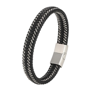 Pulsera de cuero trenzado para hombre con hilos de acero y cierre de metal imán