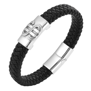 Bracelet pour homme en cuir tressé noir avec breloque signe dollar et fermoir magnétique