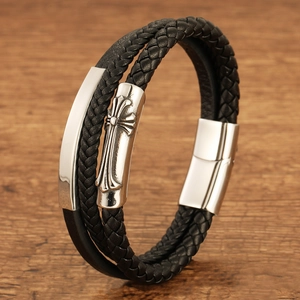 Men Retro Multi-Layer Braided Leather Bracelet Stainless Steel Gothic Cross Charm Magnetic Clasp Punk Style Hand-Woven Jewelry