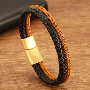 Pulsera de hombre en cuero trenzado doble negro y marrón con cierre magnético dorado