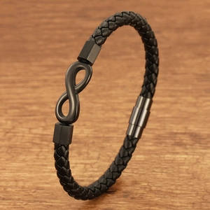 Geflochtenes Herren-Lederarmband in Schwarz mit Unendlichkeitssymbol und Magnet