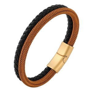 Pulsera de hombre en cuero trenzado de doble hilo con cierre magnético dorado en blanco