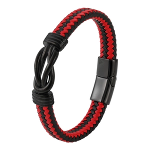 Men's retro punk red and black braided leather bracelet with black infinity magnetic clasp