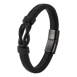 Men's retro punk black braided leather bracelet with infinity knot and magnetic metal clasp