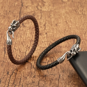Vintage titanium steel dragon head leather bracelets in black and brown braided styles
