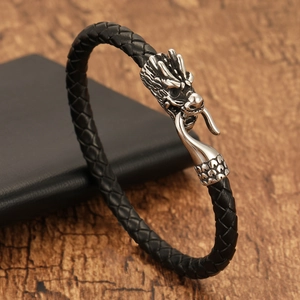 Men's retro titanium steel dragon head braided leather bracelet with vintage silver finish