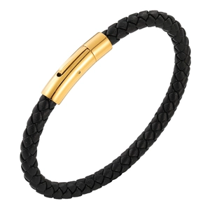 Black braided leather bracelet for men and women with a polished gold magnetic clasp