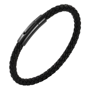 Minimalist black braided leather bracelet for men featuring a matte black magnetic clasp