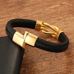 Handcrafted men's braided leather bracelet with infinity symbol and gold metal clasp