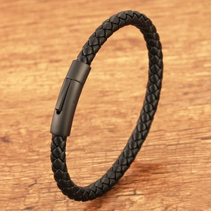 Minimalist Men's Braided Genuine Leather Bracelet With Matte Black Metal Magnetic Buckle Handmade Fashion Bangle Jewelry