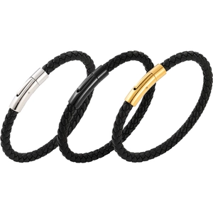 Braided black leather bracelets for men with silver, black, and gold magnetic clasps