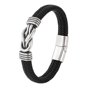 Men's black braided leather bracelet with infinity knot and magnetic steel clasp