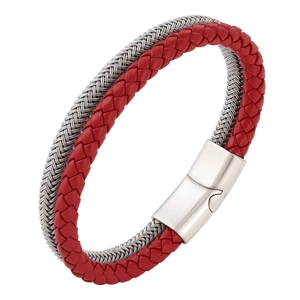 Men's Punk Double Layer Woven Leather Bracelet Stainless Steel Magnetic Buckle Braided Rope Wristband Fashion Jewelry