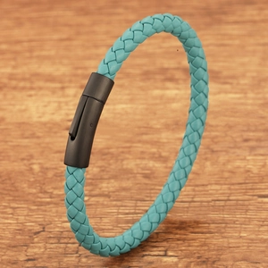 Braided turquoise leather bracelet for men with matte black rectangular magnetic clasp
