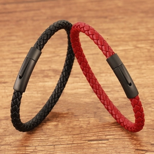 Braided leather bracelets for men with matte black clasp in black and red colors