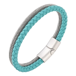 Double-layer braided leather bracelet with turquoise rope and silver magnetic clasp