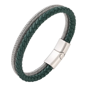 Green leather and steel wire braided double layer bracelet with magnetic metal clasp