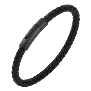 Minimalist black braided leather bracelet for men featuring a matte black magnetic clasp