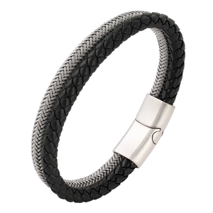 Men's double-layer leather and steel cord bracelet with brushed magnetic clasp