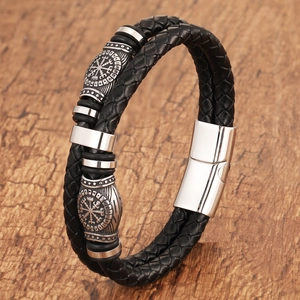 Men's Vintage Viking Vegvisir Compass Braided Leather Bracelet Stainless Steel Magnetic Clasp Nordic Runes Hip Hop Jewelry