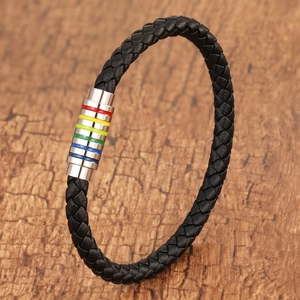Titanium Steel Braided Leather Rainbow Magnet Buckle Bracelet Pride Jewelry Unisex Casual Fashion Hand Chain Accessory