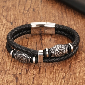 Men's Nordic Viking leather bracelet with Vegvisir compass charm and magnetic clasp