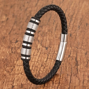 Braided black leather bracelet with polished and knurled stainless steel beads for men