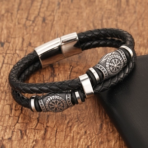 Men's Viking compass braided black leather bracelet with magnetic stainless steel clasp