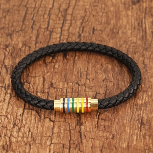 Braided black leather bracelet with a magnetic gold clasp featuring six-color rainbow enamel