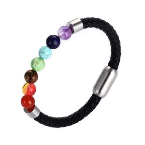 Regenbogen-Edelstein-Lederarmband mit silbernem Magnetverschluss für Damen und Herren