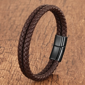 Bracciale da uomo a doppio strato in pelle intrecciata marrone scuro con chiusura magnetica