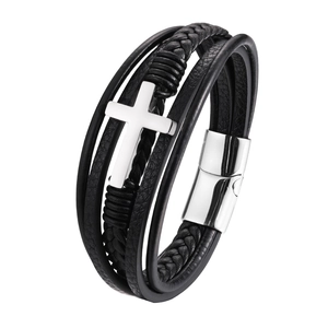 Bracciale da Uomo Vintage in Pelle Multistrato Con Croce in Acciaio Inossidabile Chiusura Magnetica Corda Intrecciata Gioielli Punk Rock