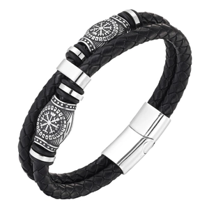 Nordic Viking woven black leather bracelet for men with silver magnetic metal clasp
