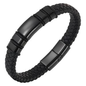 Pulsera de cuero trenzado multicapa para hombre con cierre magnético negro