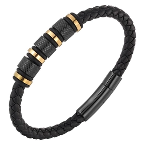 Braided black leather bracelet for men with gold and knurled black stainless steel beads